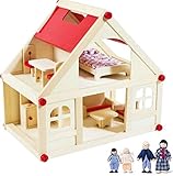 Izzy Holzpuppenhaus mit 2 Etagen, 4 Puppen und 9 Möbelstücken | Tragegriff (Kinder-Puppenhaus mit...