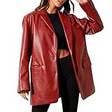Casual Suit Damen Kunstleder Jacke Retro Boyfriend Stil Jacke PU Anzugjacke Loose Fit Blazer Off...