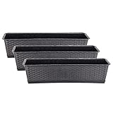BigDean 3er Set Blumenkasten mit Untersetzer 70 cm lang Rattan-Optik anthrazit - aus PP-Kunststoff -...