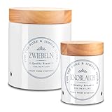 KHG Zwiebel- & Knoblauch Aufbewahrung, Vorratsdosen Keramik Steingut Weiß Holz-Deckel Bambus rund,...