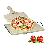 Relaxdays Pizzastein Set 1,5 cm Stärke mit Metallhalter und Pizzaschieber aus Holz HBT 1.5 x 38 x...