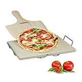 Relaxdays Pizzastein Set 1,5 cm Stärke mit Metallhalter und Pizzaschieber aus Holz HBT 1.5 x 38 x...