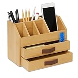 Relaxdays Schreibtisch Organizer, Schubladen & Fächer, HxBxT: 19 x 24 x 14cm, Bambus & PU,...