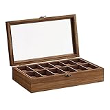 SONGMICS Uhrenbox mit 12 Fächern, Uhrenkasten aus Massivholz, mit Glasdeckel, Uhrenkissen, Geschenk...