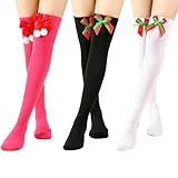 DIEKE 3 Paar lange Weihnachtssocken mit Schleife für Damen, Festival, Cosplay, gestreift,...