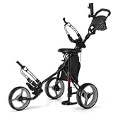 COSTWAY Golf Trolley, 3 Rad Golftrolley klappbar, Golfcaddy aus Aluminum mit Sitz, Verstellbarer...