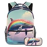 Schulranzen-Set - Blue Ocean Rainbow Wal Rucksack mit Federmäppchen Combo, ideal für Schüler,...