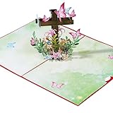 BETESSIN Pop-Up Karte Kommunion - 3D Kreuz Geschenkkarte mit Blumen Design - Konfirmation Karte mit...