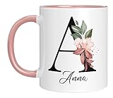 Personalisierte Keramik, Tasse - -mit Blumen Motiv - mit Ihrem Anfangsbuchstaben und Namen - -...