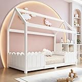 Graues Hausbett 90x200 cm, kindersicheres Holzbett mit Rausfallschutz und Lattenrost für Jungen &...