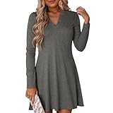 Herbstkleid Damen Elegant Einfarbige Langarm Tunikakleid Herbst V-Ausschnitt Midikleid A-Linie...