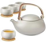 ZENS Teekanne mit Sieb, 800ml Holzgriff Matt Japanische Teeservice Keramik mit 4 Tassen und Rattan...