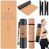 Yogamatte Kork Rutschfest (183x61cm Dicke 0.6cm) - Yoga Matte mit Tragegurt Tasche & 2 Fixiergurt...