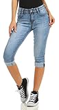 Fashion4Young 5978 Damen Capri Jeans Bermudas Shorts Kurze Hose Caprijeans High-Waist (blau, L-40)