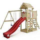 WICKEY Spielturm Klettergerüst MultiFlyer mit Holzdach, Schaukel & roter Rutsche, Outdoor Kinder...