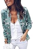 ECOWISH Damen Casual Jacke Blumenmuster Langarm Bomberjacke Reißverschluss Stehkragen Outwear Kurz...