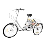 TouTToNG 24 Zoll Dreirad für Erwachsene, 6 Gang 3 Räder Fahrrad mit Gemüsekorb, Lampe, City Bike...