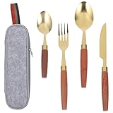 QUMIIRITY Outdoor Picknick Besteckset 4 Stück aus Edelstahl mit Holzgriff Tragbare...