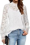 LAISHEN Bluse Damen Langarm Lace Oberteile Elegant Casual Dressy Mock Neck Weiß Langarmshirt mit...