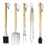 5-teiliges robustes Grillwerkzeug-Set aus Holz, extra dicker Edelstahl-Multifunktionsspatel, Gabel,...
