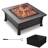 Feuerschale mit Grillrost und Funkenschutz, 3 in 1 Feuerstelle Outdoor Quadratisch mit Abdeckung,...