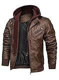 HOOD CREW Herren-Motorradjacke aus Kunstleder, mit abnehmbarer Kapuze, braun, XXXXL