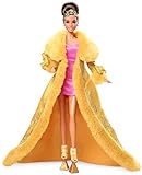 Guo Pei Barbie Puppe (Brünette) mit goldgelbem Kleid & Accessoires mit Puppenständer, Geschenk...