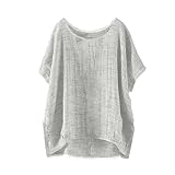 Leinenhemd Damen Sommer Oversize, Leinenbluse Damen Kurzarm T-Shirt Rundhals Musselinbluse Bequeme...