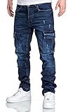 Amaci&Sons Herren Cargo Jeans Regular Slim Denim Hose Destroyed 7985 Dunkelblau W32/L34