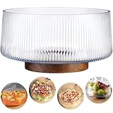 NiHome Extra Große Salatschüssel aus Glas mit Akazienholz-Boden, Rippendesign, Übergröße für...