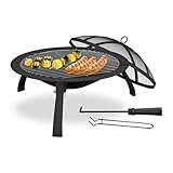 Relaxdays Feuerschale, Ø Schale 51 cm, klappbare Beine, Grillrost, Funkenschutz, Schürhaken,...