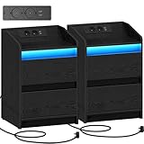 Hzuaneri Nachttische 2er Set mit LED-Lichtern, Ladestation und 2 Schubladen, Beistelltisch mit...