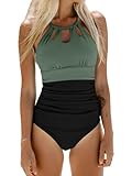 CUPSHE Damen Badeanzug High Neck Zierausschnitt Bauchweg Raffungen Strandmode Einteilige Bademode...