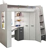 FurnitureByJDM Hochbett mit Schreibtisch, Schubladen, Regalen und Kleiderschrank – ANTRESOLA...