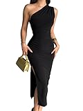 Sukiglam Kleid Damen Sexy One Shoulder Kleider mit Schlitz Ärmellos Sommerkleid Elegant Etuikleid...
