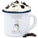 Emaille Tasse Blechtasse - Einschulung Geschenk Schulkind Einhorn mit Name und Jahreszahl...