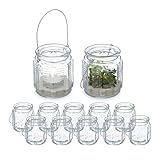 Relaxdays Windlicht, 12er Set, Glas, mit Henkel, innen & außen, Deko Teelichthalter, HxD: 9 x 8,5...