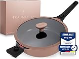 TRAUMLEBEN® Bratpfanne 28 cm mit Deckel, abnehmbaren Griffen & Hitzeindikatoren | PFOA-frei & für...