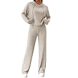 EFOGEP Damen Lounge Set: Trainingsanzug 2PCS Schlafanzug Rippenstrick Kapuzenpullover Oberteil und...