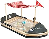 Piratenschiff Sandkasten aus Holz | Boot | Segelschiff | Sandkiste | Sandbox mit rotem Sonnensegel &...