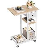 YITAHOME Beistelltisch, C-Form Sofatisch mit Rollen und Schublade，Wohnzimmertisch für Kaffee und...