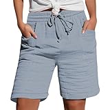 Shorts Damen Musselin Knielang Kurze Hose Baggy Leinen Hose Beach mit Taschen Lässige Stoffhose...