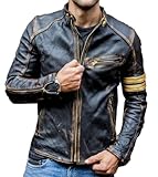 Herren-Motorradjacke, echtes Leder, Vintage-Stil, Schwarz Gr. Medium, Schwarz