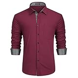 HISDERN Herren Hemd Regular Fit Formale Freizeithemden Herrenhemden Rot Langarm Männer Hemd...