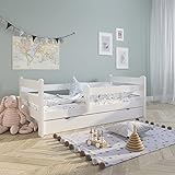 Kinderbett Jugendbett 80x160 cm mit Rausfallschutz | Voll-Holz inkl. Lattenrost & Schublade in weiß...