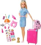 Barbie FWV25 - Reise Puppe mit blonden Haaren inkl. Reisezubehör und Hündchen, Puppen Spielzeug...