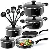 tectake® 15tlg Set mit 5x Küchenhelfer, 2x Pfanne, 4x Topf, jeweils mit Deckel, Kochtopf Set...