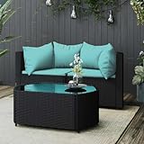 QJBSAVVA 3-TLG. Garten-Lounge-Set Schwarz Poly Rattan Outdoor Sofa mit wasserblauen Kissen...