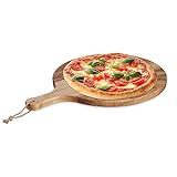 Relaxdays Pizzabrett, rundes Schneidebrett aus Akazienholz, Ø 35,5 cm, Pizzateller mit Griff,...