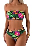 GORGLITTER Bandeau Bikini Damen Set Bauch Weg Bikini Mit Blumen Muster Hawaii Bikinis Zweilteiliger...